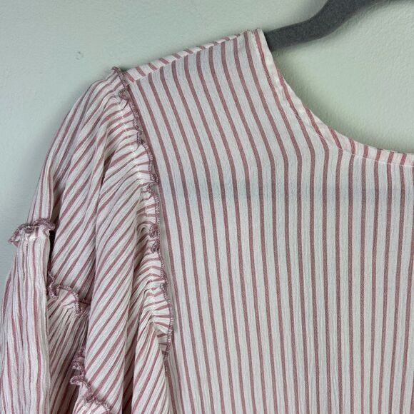 Vestique Pink White Pinstripe Top Ruffle Flutter Sleeve Blouse Open Tie Back S - Picture 3 of 11